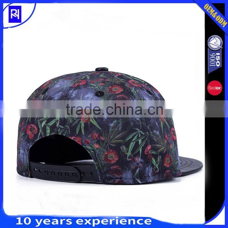 New fashion Digital printing pattern fabric 5 panel snapback hats with leather brim