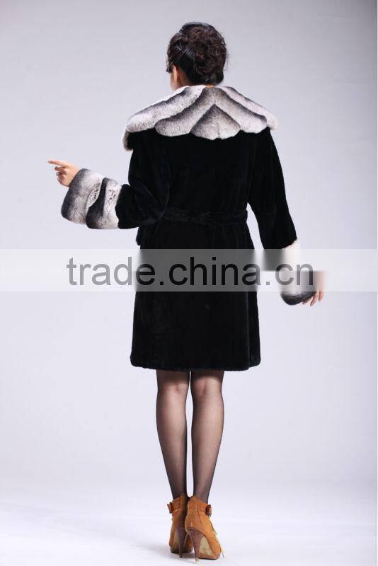 natural black rex rabbit fur coat with big chichilla style collar