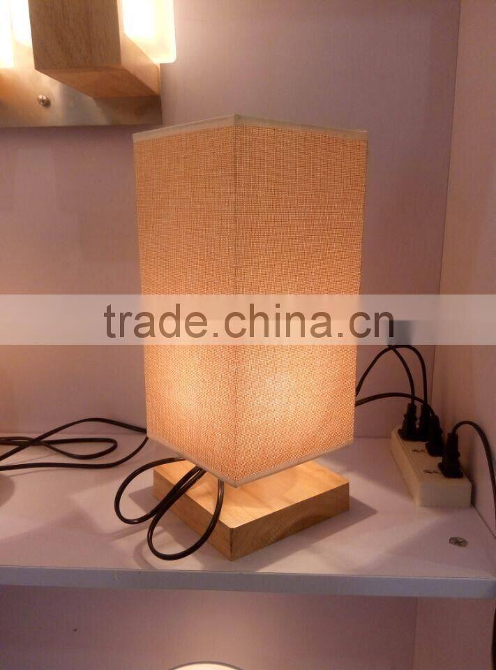 Simple small wood table lamp for bedroom, table with linen lamp shade
