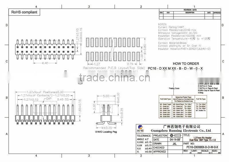 Double Row SMT 1.27mm Pin Header H=1.6