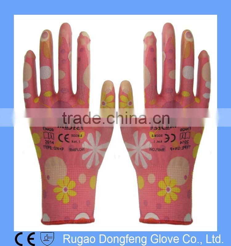 Polyester Printing Transparent Nitrile Coated Gardening Gloves