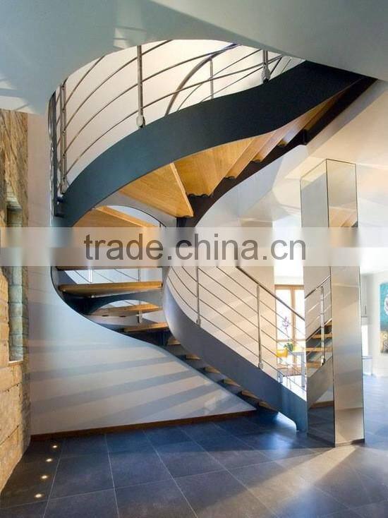 carbon steel stringer wooden curved stairs with metal railing and black stringer
