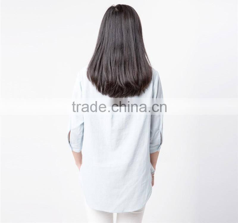 round sweep 3/4 sleeve women cotton blouse oem factory