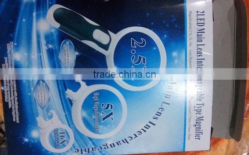 High quality handheld magnifier 2 LED lens interchangeable magnifier magnifying glass with light