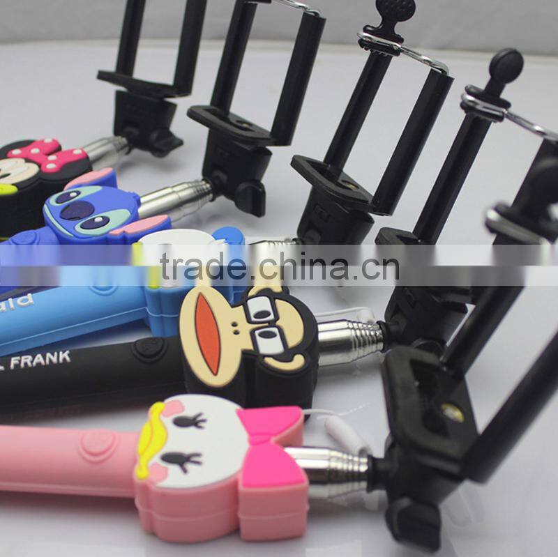 Fashionable foldable aluminum alloy cartoon selfie stick with cable
