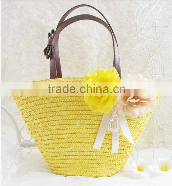 4 color wheat straw women tote beach bag with round handle big size bag and flower decoration