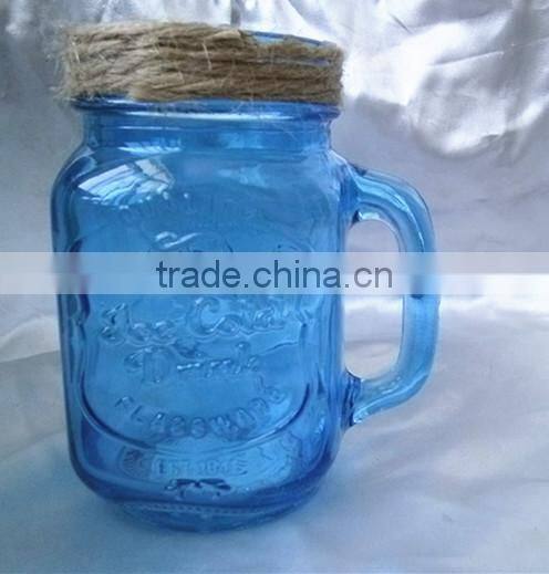 Blue Color Fruit Canning Square Pattern Handled Glass Mason Jar