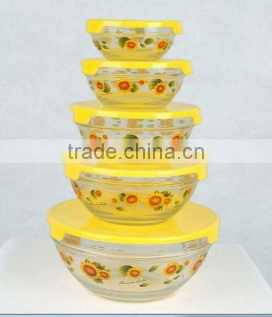 Hot sale different size 5pcs glass bowl set with yellow lid