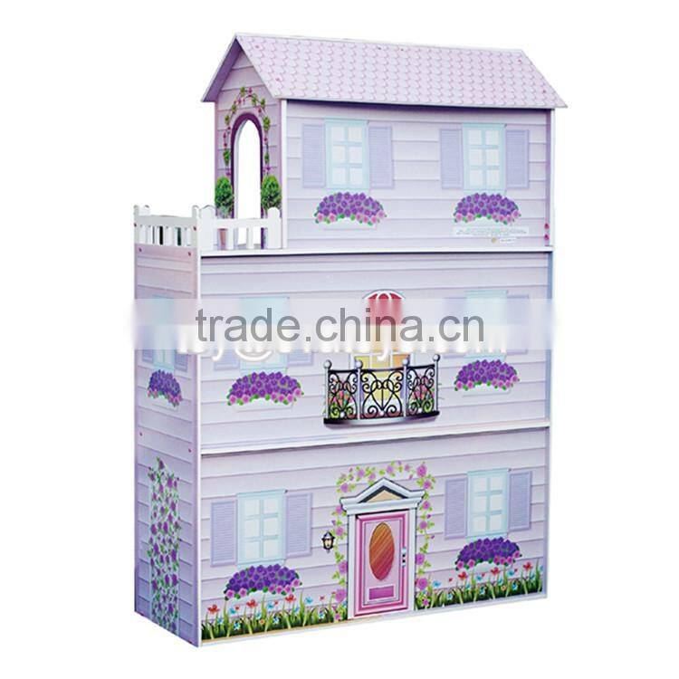 New style 3 floor girls pretend play wooden dollhouse cottage W06A224