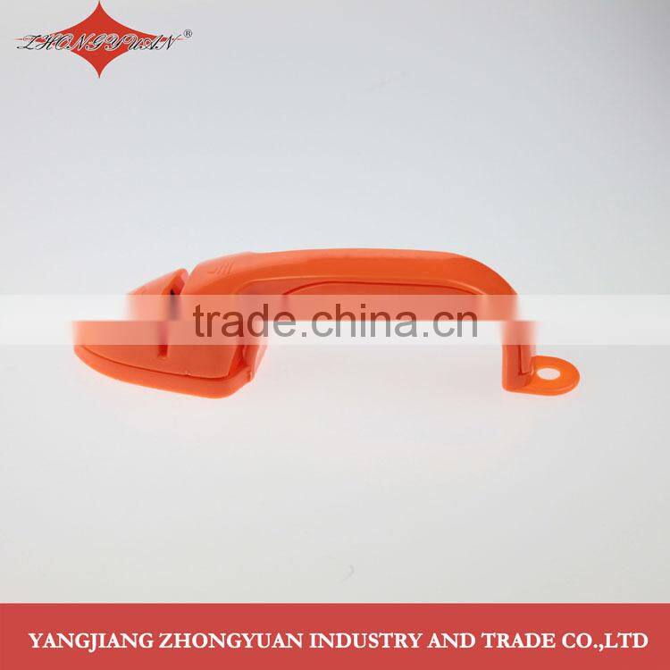 Precision edge knife or scissors sharpener with full length safety handle