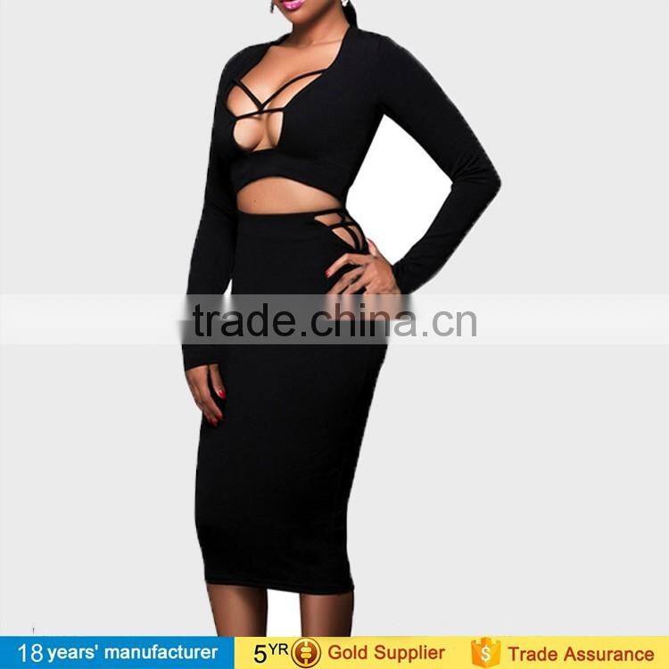 2017 sexy women long sleeve bodycon two piece dress club wear prom crop top blouse and long skirt