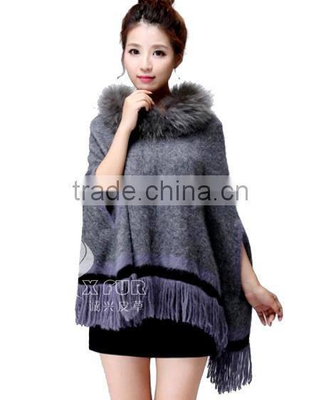 CX-B-P-33C 2016 Wholesale Fashion Lady Pashmina Shawl With Raccoon Fur Collar