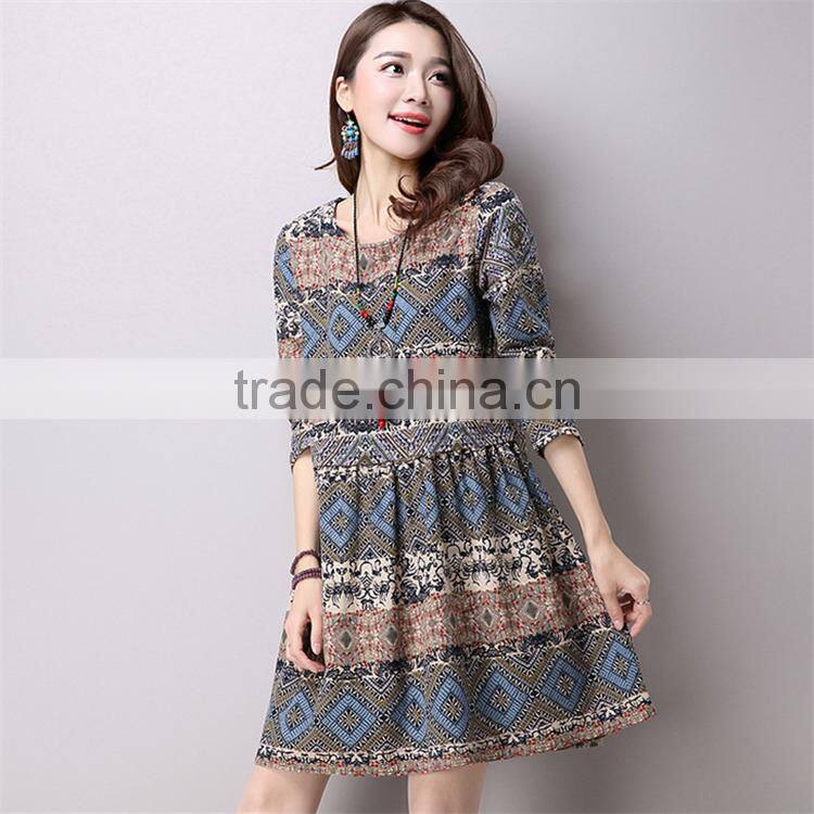 2017 new design Large size fashion ladies Retro national wind style ladies dress Cotton printed dress