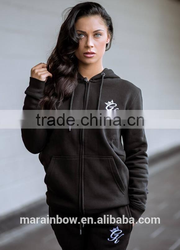 Black Cotton Fleece Womens Zip Up Hoodie Jacket Gym Fitted Hoodie Tracksuit Top Hot Sale Tracksuits