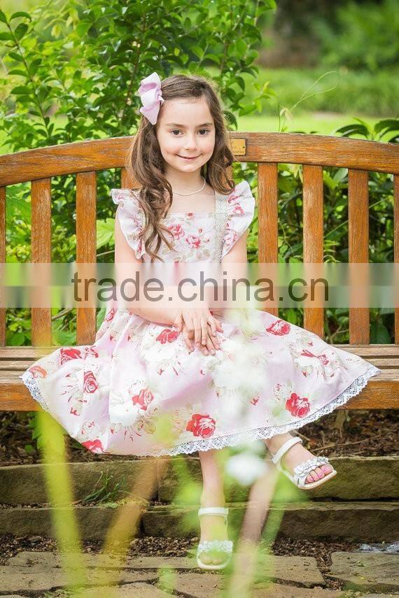 Girls Flutter Sleeve Kids Clothing Wholesale Roses Printed Designer One Piece Dress
