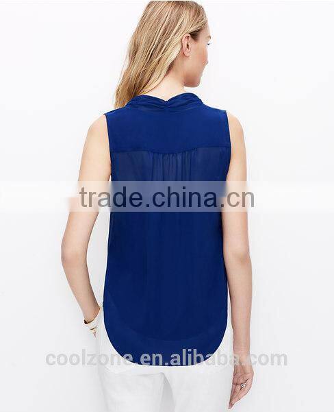 Fashion lady ruffle front sleeveless slim chiffon blouse 2015