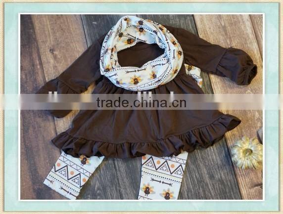 fall boutique girl clothing 2016 unique design brown tunic with ruffle accents adorable turkey Aztec leggings baby kids clothes