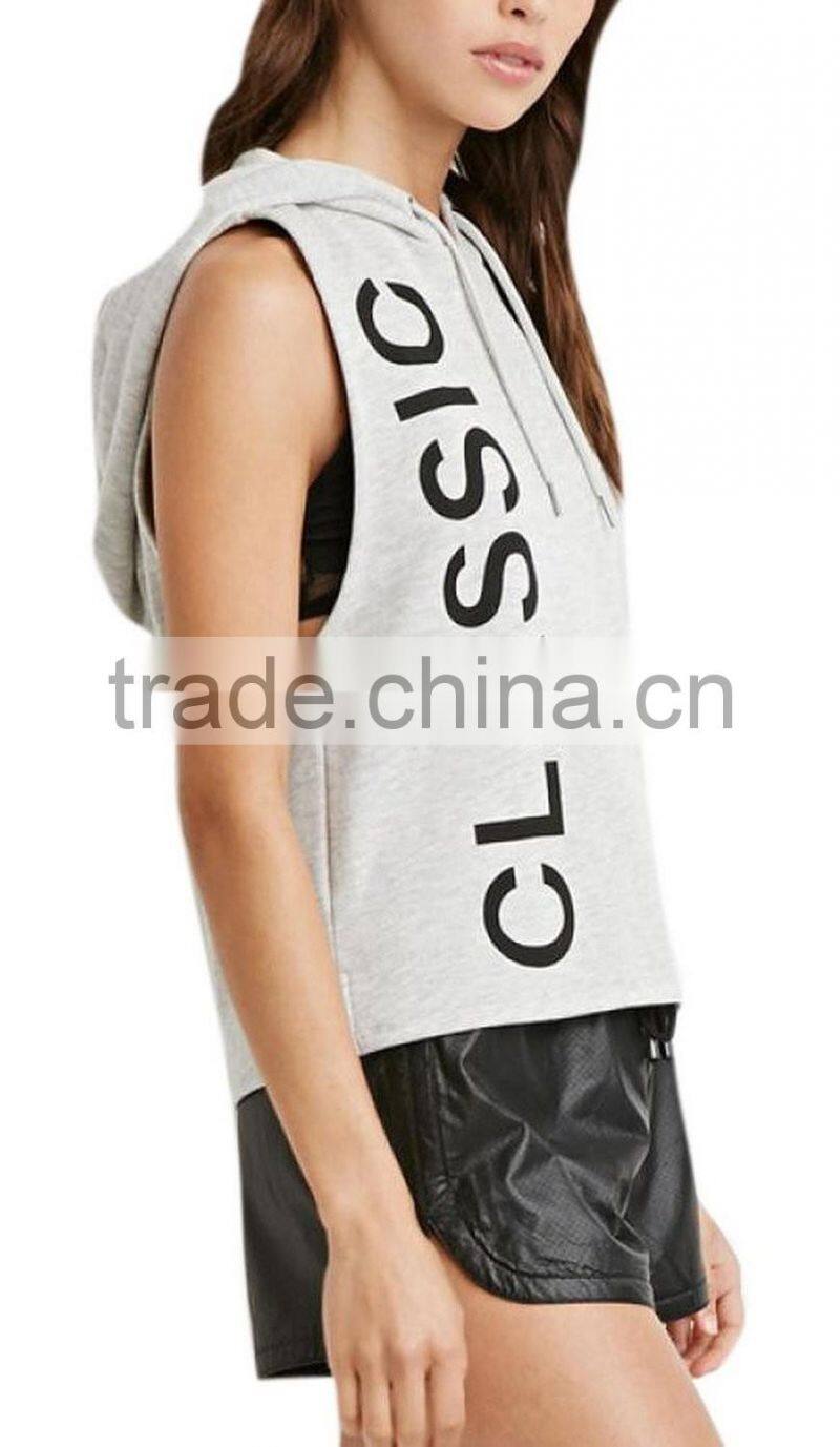 Women's Grey Casual Letter Print Sleeveless Thick Hoodie Tank Top T Shirt