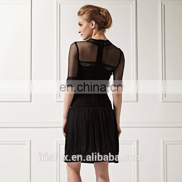 Black short sleeve see through bandage dress bead embroidered pleated skirt style evening dress