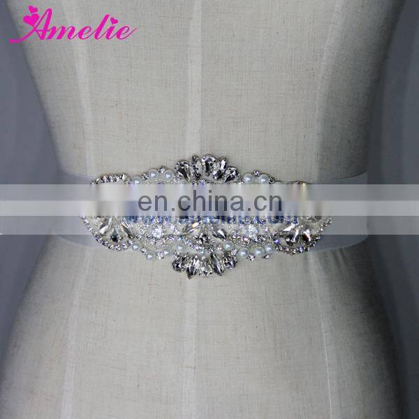 Long Rhinestone Trimming and Beads Sewed Wedding Bride Sash for Wedding Dress