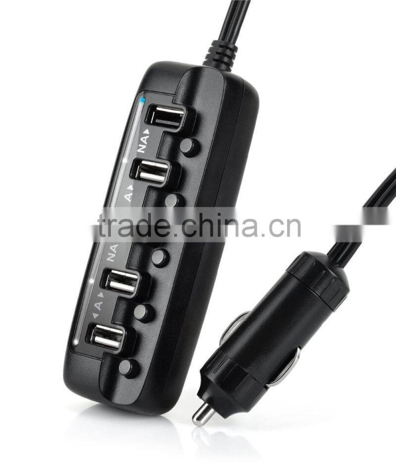 Amaxtek Handheld Design 5 Port USB Car Charger with Cable & Individual Switch & LED Light