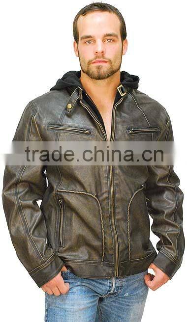 2015 New fashion Brown Distressed Jacket with Removable Hood Jacket for mens motorbike leather jacket
