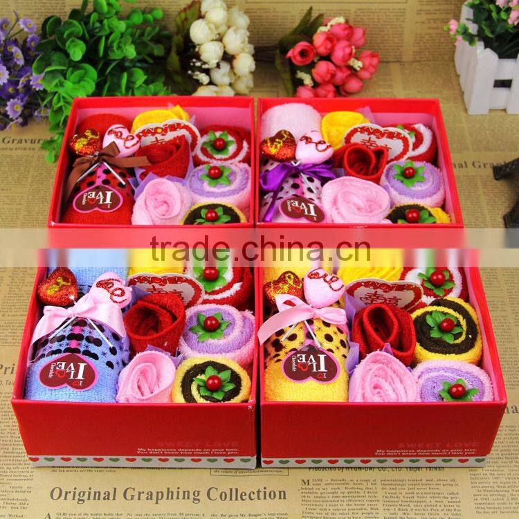 2016 promotional wholesale cake towel gifts with rose flower shape towel for wedding