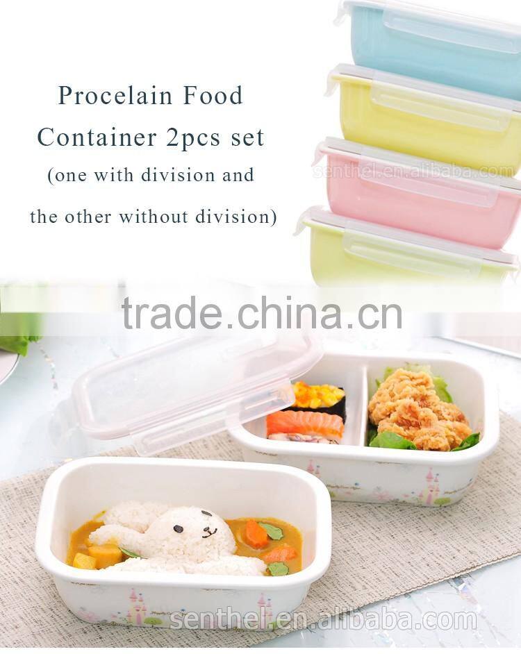 Ceramic food container,2 Compartments lunch food storage container,rectangle ceramic bento box