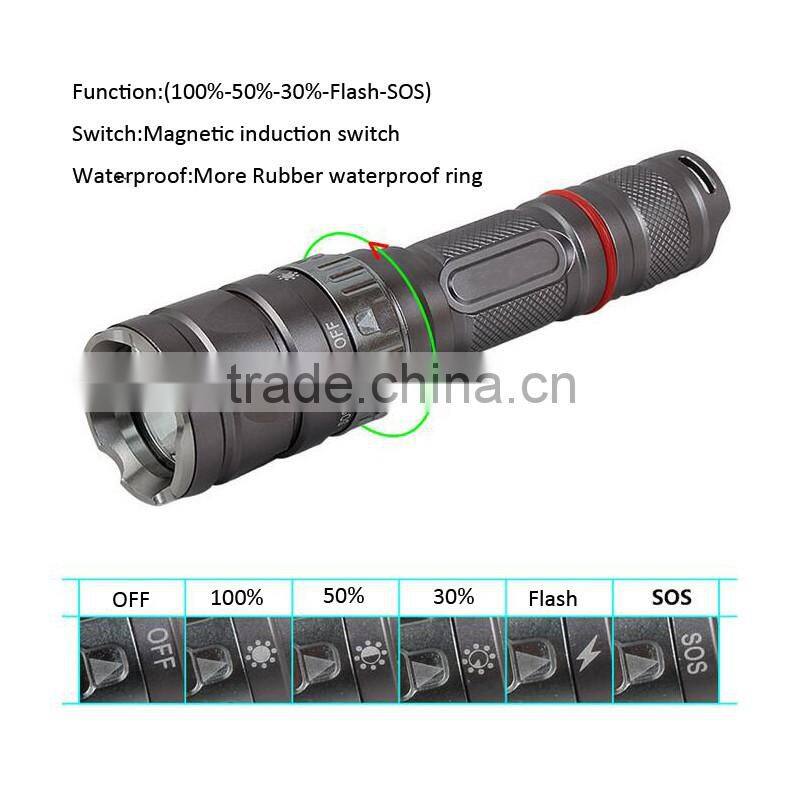 C89 Aluminum Alloy 500lumens high power Wateroroof Rechargeable Flashlight Diving Torch With 5 Lighting Modes