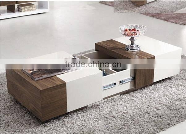 White high gloss and walnut veneer coffee table with two drawers
