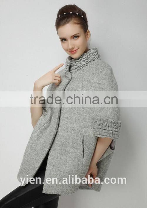Fashion Gray Knitted Coat Ruffles Neck And Sleeves Knitted Coat