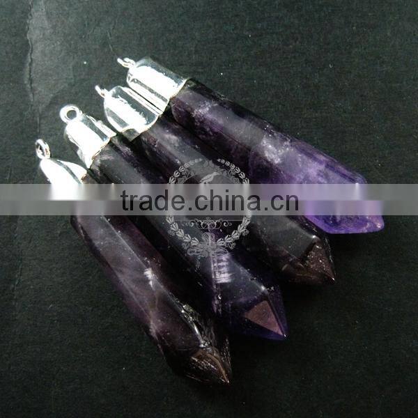 55x12mm faceted pillar amethyst stick stone pendant charm silver bail DIY jewelry findings supplies 1800136