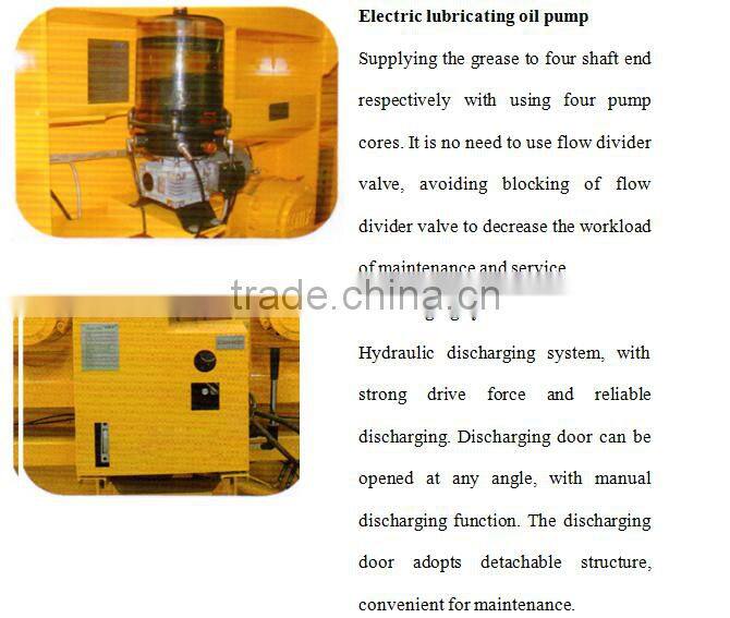 Twin shaft concrete mixer with hydraulic discharging system