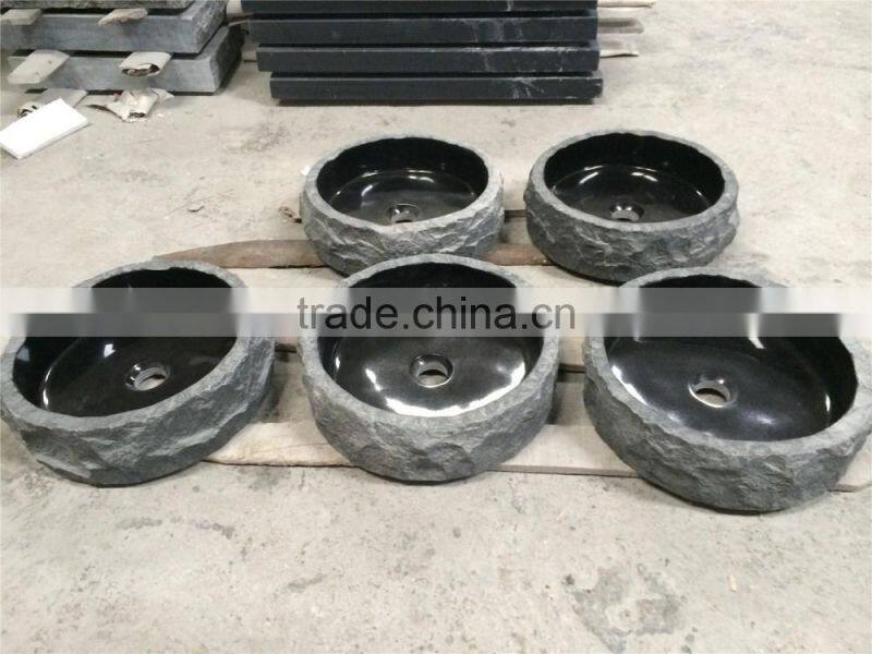 best price Shanxi black granite stone bathroom sink with natural outside