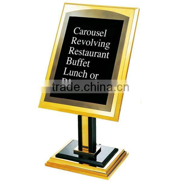 Deluxe golden frame hotel sign stand/ outdoor fashionable iron foot at pavement sign stand/ advertising poster stands P-17