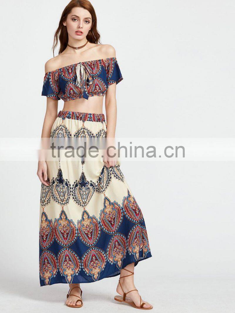 Vintage print off the shoulder crop top with skirt boho clothing top and long skirt set