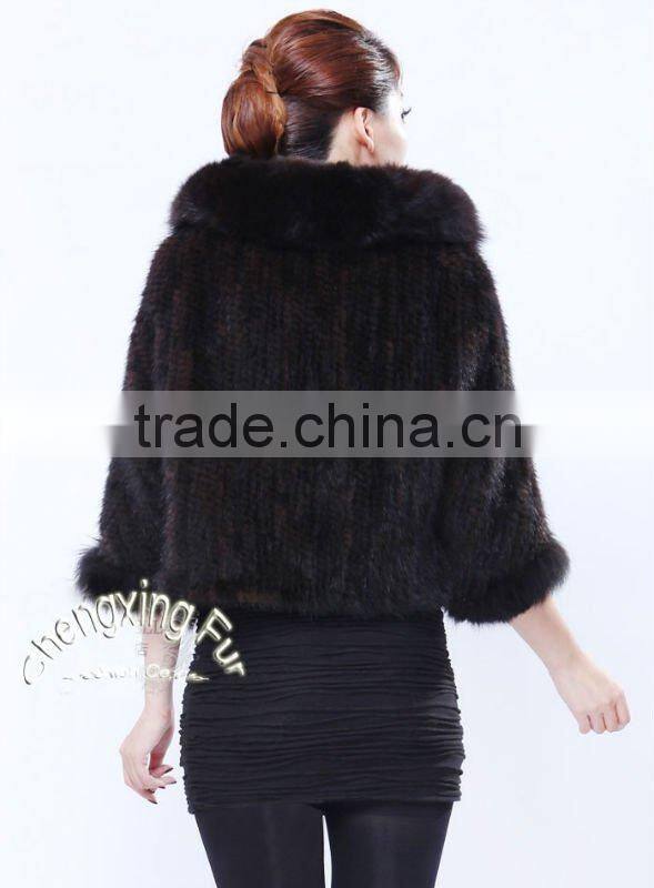 CX-B-M-41C Mink Fur Knitted Ladies Shawl With Fox Fur Trim