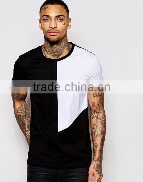 Fashion men cut & sew square panel round collar short sleeve plain t-shirt wholesale custom factories