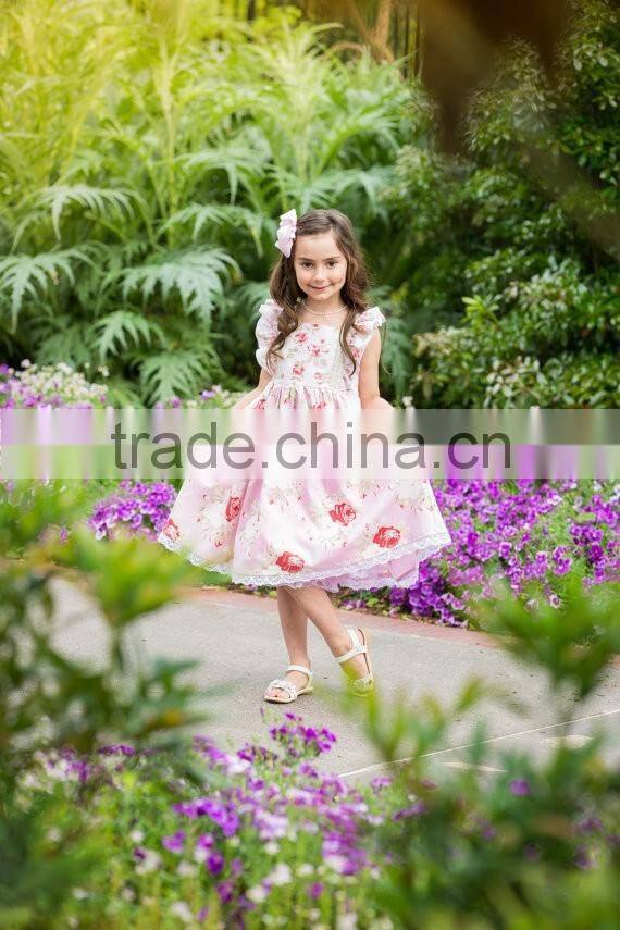 Girls Flutter Sleeve Kids Clothing Wholesale Roses Printed Designer One Piece Dress