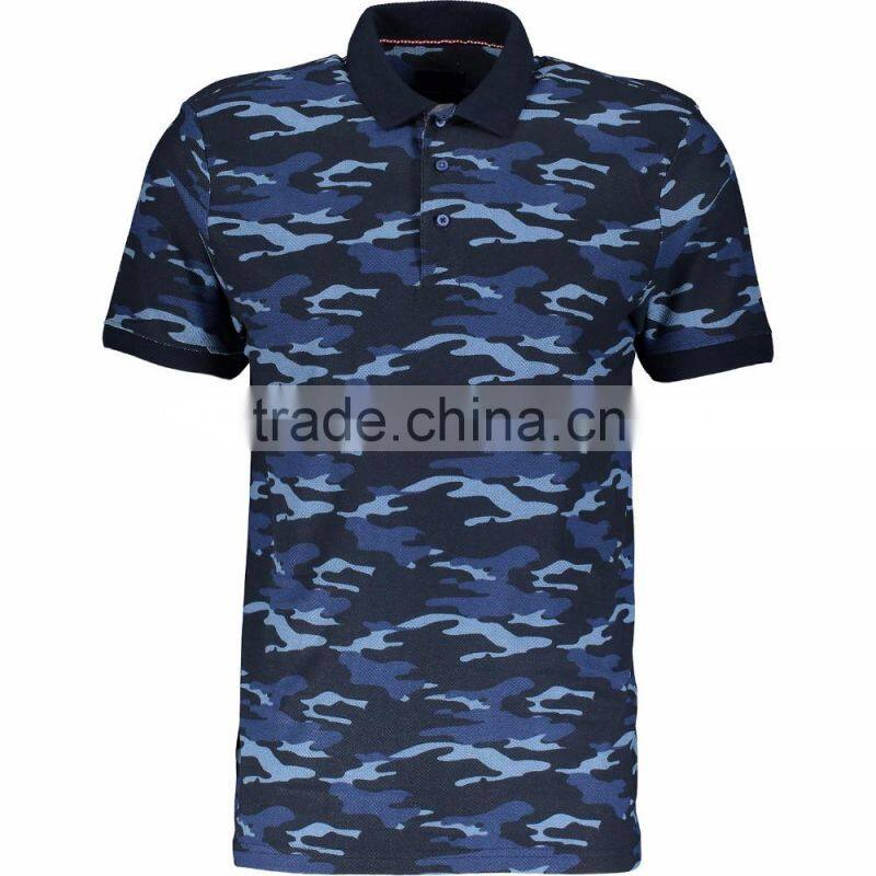 Fashion Tops Wear Men Regular Fit Blue Camouflage Polo Shirt with Button