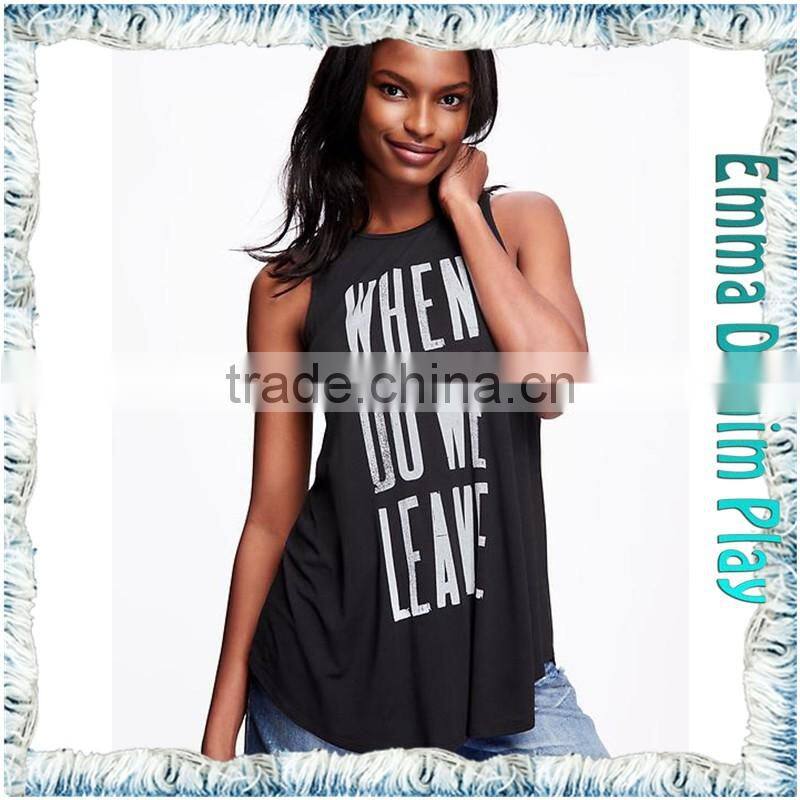 Latest Design Girls Words Printed Round Neck Sleeveless Grey Cotton Tank T Shirt
