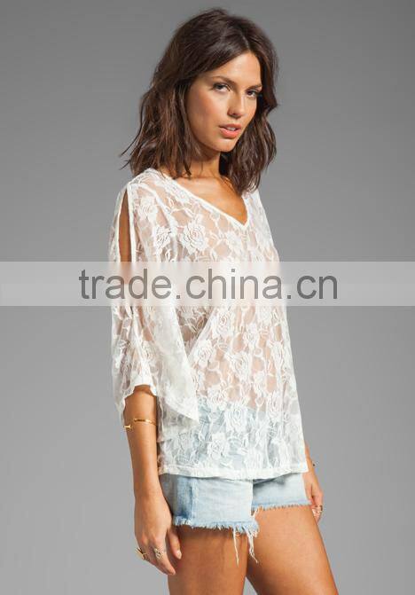 95% nylon 5% spandex sheer fabric lace top