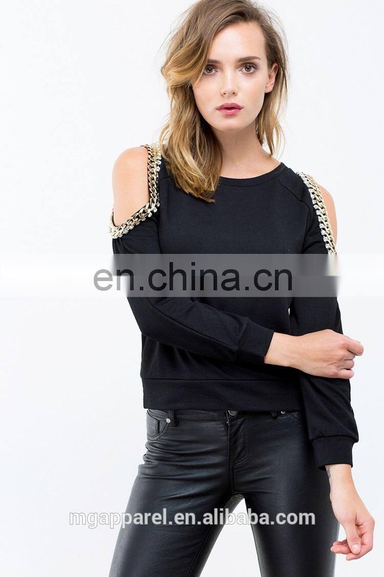 china fashion crewneck sweatshirt custom cold shoulder long sleeve crewneck sweatshirt with chain