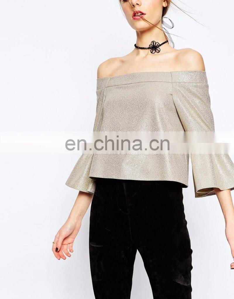Ruffled sleeves off shoulder style latest fashion blouse design for lady
