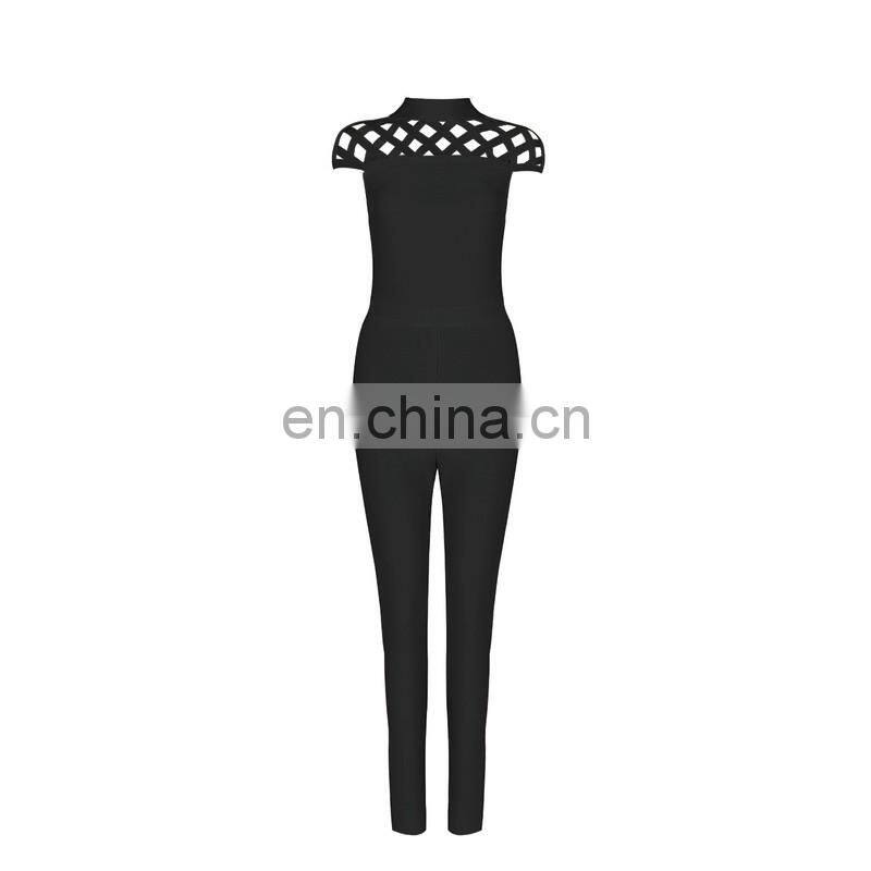 amigo 2017 new design black cap sleeve cut out sexy long bodycon bandage jumpsuit for women party wear