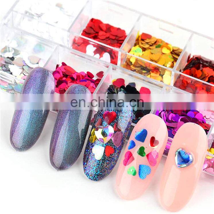 Hot sale 12 Grids Colorful Nail Art Sequins Holographic Glitter Flake Valentine's Day Heart Shape Designs 3D Nail Art Decoration