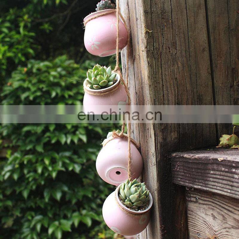 4pcs/set Wall-mounted Ceramics Flower Pots & Planters Home Decor Succulent Hemp Rope Ceramic Flowerpot Plant Hanging Pot