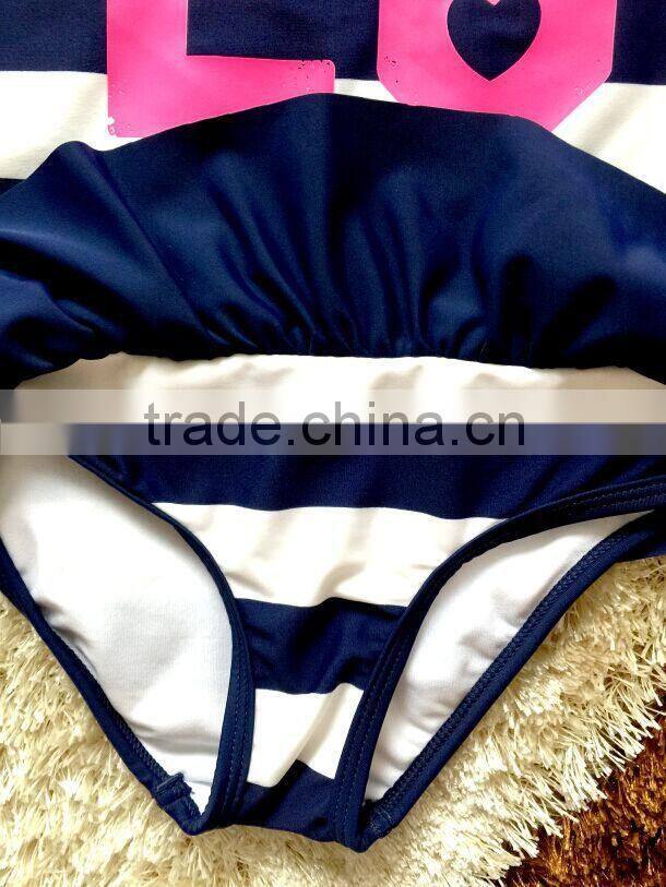 white and black stripes children swimwear,with a customized printing on front, one piece kids swimsuit,girls swimwear