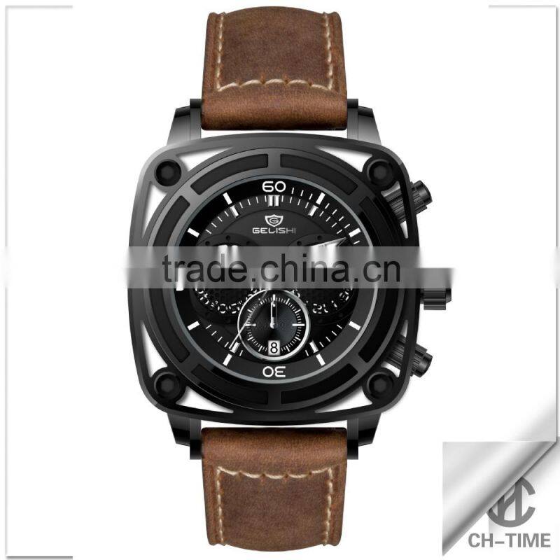 Luxury water resistant 316l stainless steel case japan quartz movt genuine leather strap chronograph sport men's watch