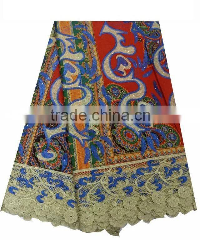 2016 wax print fabric cord lace fabric with rhinestones